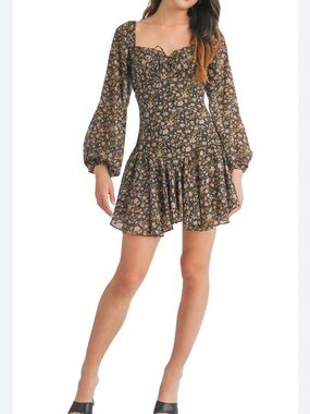 Lush Cottagecore Coquette Floral Long Sleeve Ruffle Mini Dress Size Small